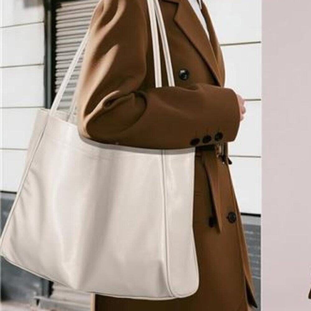 White Tote Bag for Women 2 Pcs Large Casual PU Weekender Bag Soft Vegan